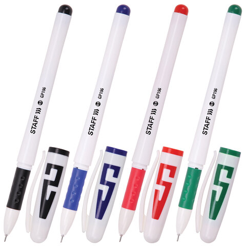 Ручки гелевые STAFF, набор 4 шт, корпус белый, 0,5 мм, держатель (синяя, черная, красная, зеленая), 