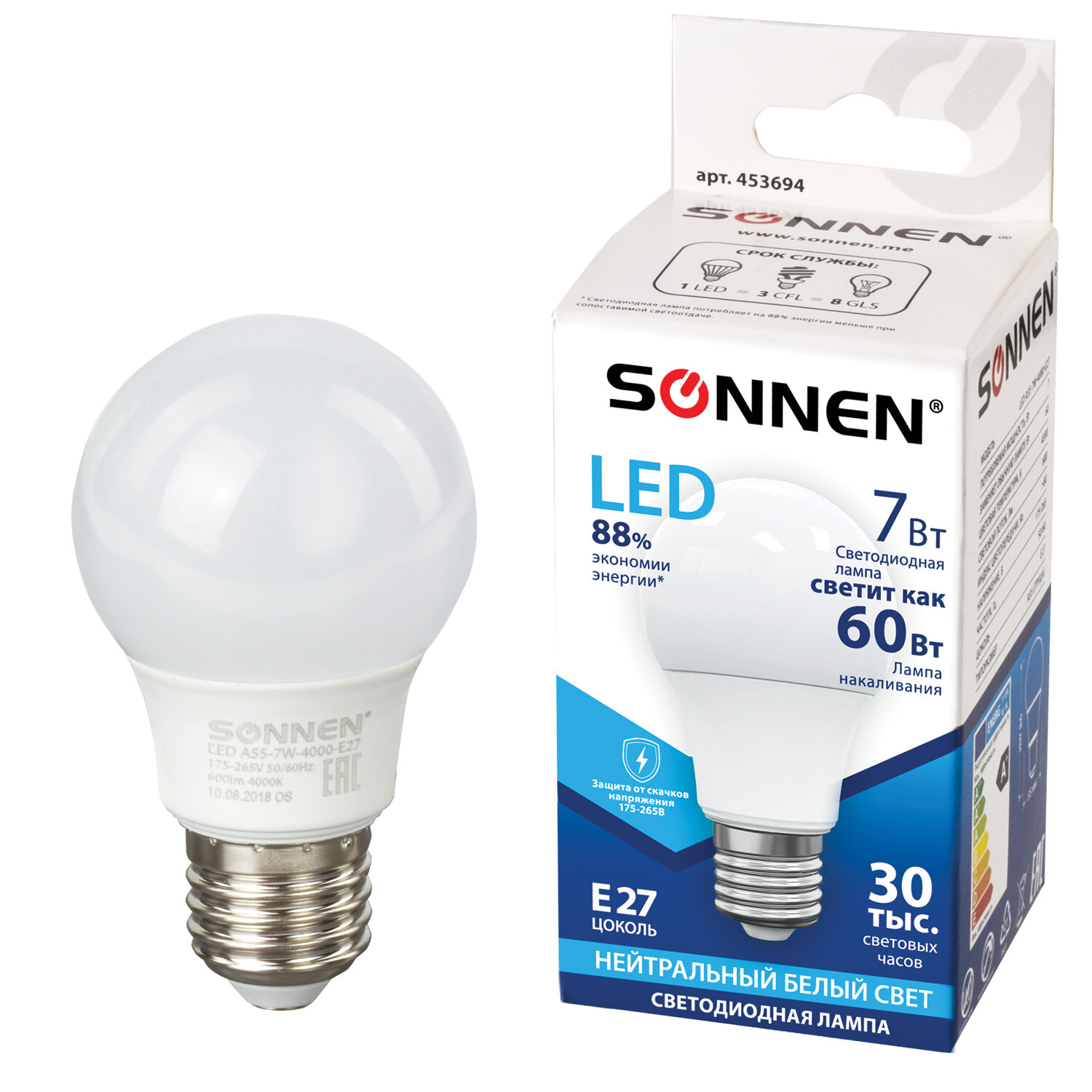 Лампа светодиодная SONNEN, 7 (60) Вт, цоколь Е27, грушевидная, холодный белый свет, LED A55-7W-4000