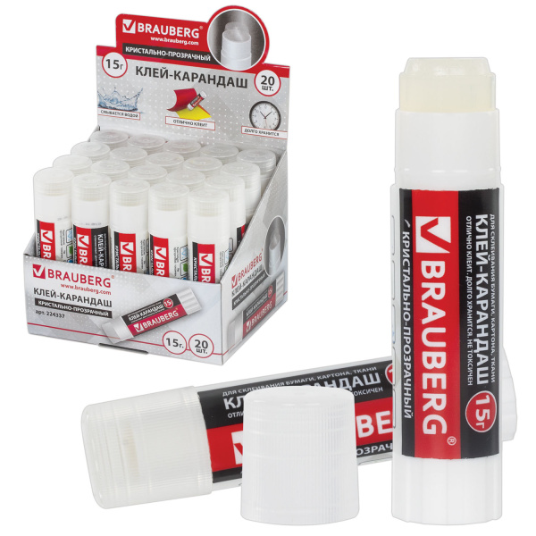 Клей-карандаш BRAUBERG "Crystal" (Кристалл), прозрачный, 15 г, 224337