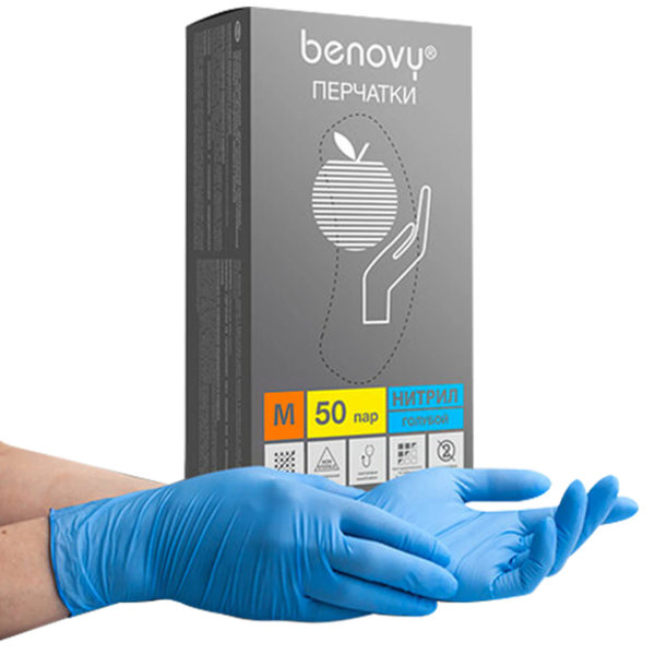 Перчатки нитриловые смотровые 50 пар (100 штук), размер 7-8, M (средний), голубые BENOVY Nitrile Chl Перчатки нитриловые смотровые 50 пар (100 штук), размер 7-8, M (средний), голубые BENOVY Nitrile Chl