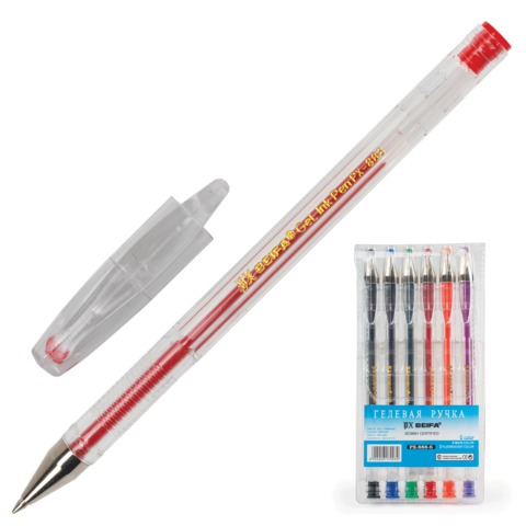 Ручки гелевые BEIFA (Бэйфа), НАБОР 6шт, корп.проз, цв.дет, металл.након, 0,5мм, подв, PX888-6,ассорт