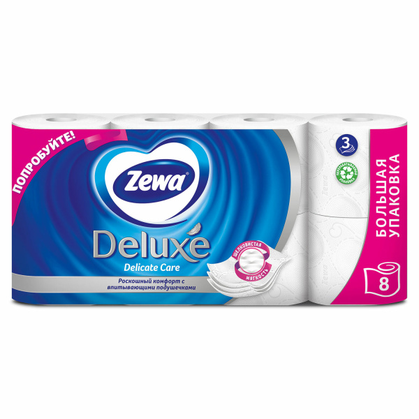 Бумага туалетная Zewa "Deluxe" 3-х слойная 8шт. х18м, белая, 536600