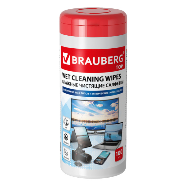 Салфетки для экранов всех типов и оптики BRAUBERG ТОП, 13х17 см, туба 100 шт., влажные, 513812