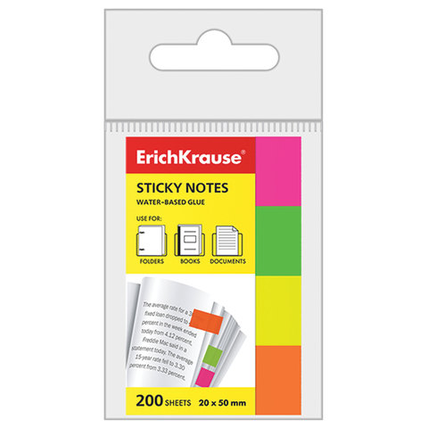 Закладки клейкие бумажные ERICH KRAUSE НЕОН 20*50мм, 4цв.*50л., 7324
