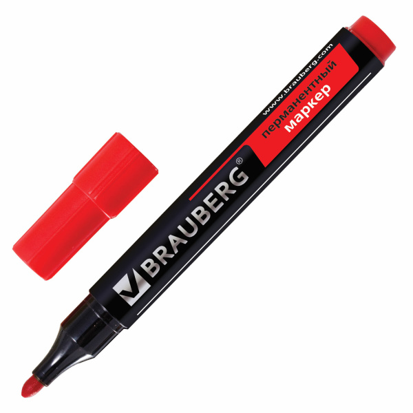 Маркер перманентный (нестираемый) BRAUBERG "Contract", круглый наконечник 3мм, красный, 150467