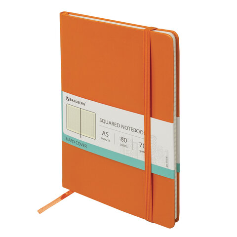 Блокнот А5 (148х218 мм), BRAUBERG "Metropolis Special", под кожу, резинка, 80 л., оранжевый, 111576