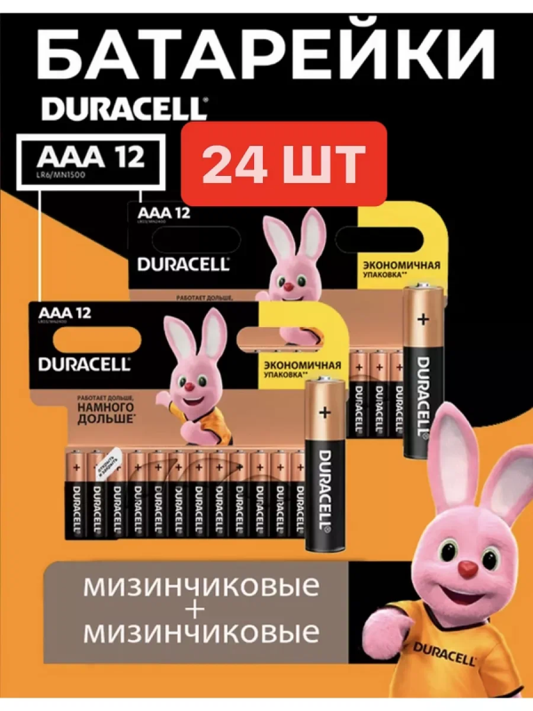 Батарейки КОМПЛЕКТ 24 шт., DURACELL Basic ОРИГИНАЛ, ААА (LR03, 24А), алкалиновые, мизинчиковые, Б006