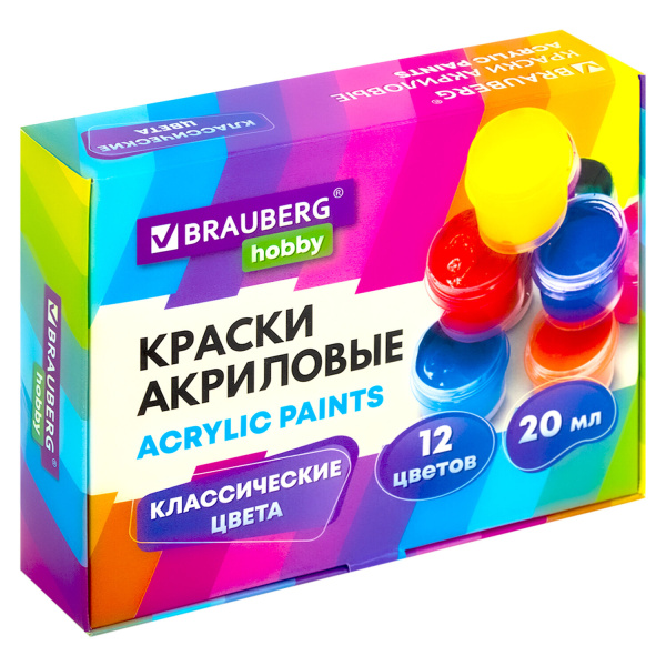 Краски акриловые 12 цветов по 20 мл BRAUBERG HOBBY, 192435 Краски акриловые 12 цветов по 20 мл BRAUBERG HOBBY, 192435