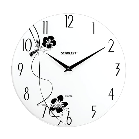 Часы настенные SCARLETT SC-25F круг, белые с цветочым рисунком, белая рамка, 33x33x5,2 см