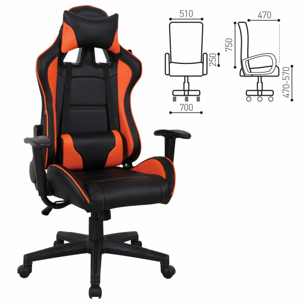 Кресло компьютерное BRABIX GT Racer GM-100, две подушки, экокожа, черное/оранжевое, 531925