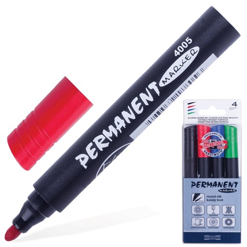 Маркеры перм. (нестир.) KOH-I-NOOR, НАБОР 4 шт., кругл. нак. 2,5мм, (чер,син,кр,зел), 774005JD03PKRU