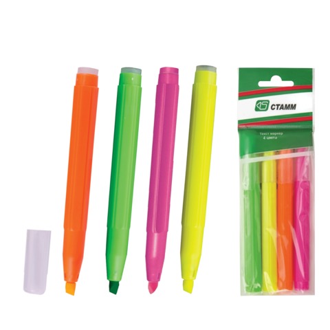 Текстмаркеры СТАММ, НАБОР 4шт, "Office", скош.нак. 1-5 мм, (зел, жел, оранж, красн), пл.упак., МТ13