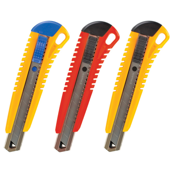 Нож универсальный BRAUBERG 18мм, автофиксатор, цв.корп. ассорти, +2лезвия, блистер, 230918