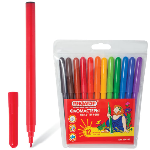 Фломастеры  ПИФАГОР 12 цв., вент.колп, пласт.упак, европодвес, гарантия - 3года, 150385 (Болгария)
