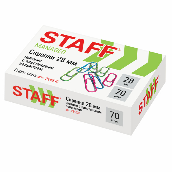 Скрепки STAFF "Эконом" 28мм цветные, 70 шт., в карт.коробке, 224630