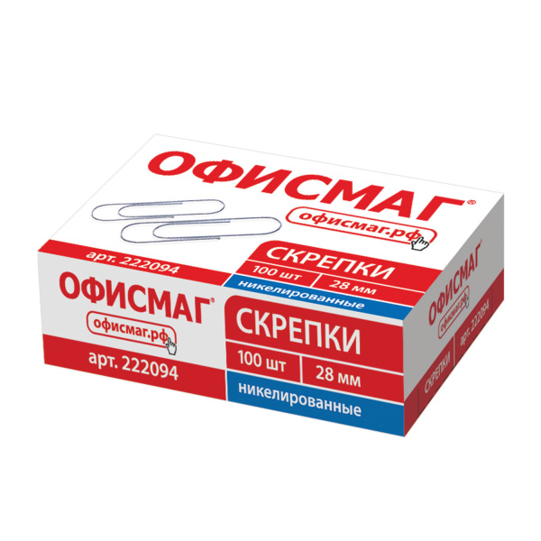 Скрепки  ОФИСМАГ 28мм металл., 100шт., в карт. коробке, 222094
