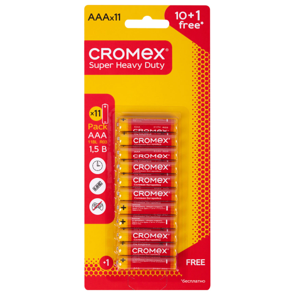 Батарейки солевые "мизинчиковые" КОМПЛЕКТ 10+1 шт., CROMEX Super Heavy Duty, AAA (R03, 24A), блистер
