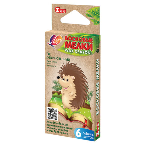 Восковые мелки ЛУЧ "Zoo", 6цв, шестигранные, картонная упаковка с европодвесом, 12С864-08