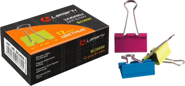 Зажимы для бумаг 41мм LAMARK690, 12шт., до 200л., цветные, НЕОН