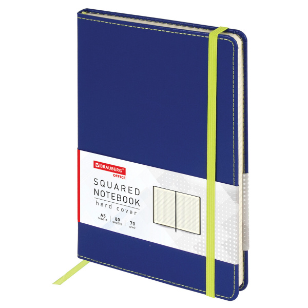 Блокнот А5 (148x218 мм), BRAUBERG "Office", под кожу, 80 л., резинка, клетка, синий, 111028