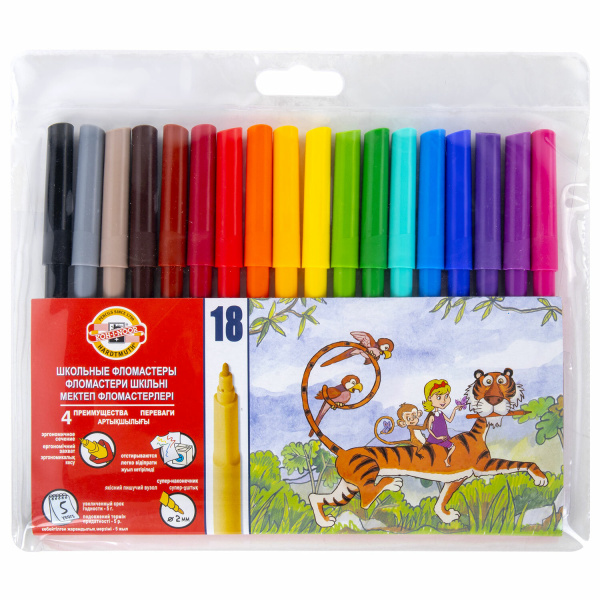 Фломастеры KOH-I-NOOR "Животные" 18цв, смываемые, трехгранные, европодвес, 771002AH04TERU