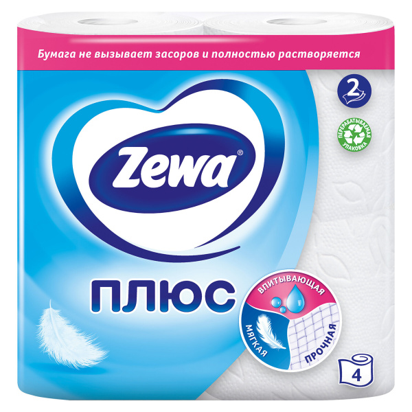 Бумага туалетная 2-х слойная 4 рулона (4х23м), белая, ZEWA Plus, 144051, ш/к 03308