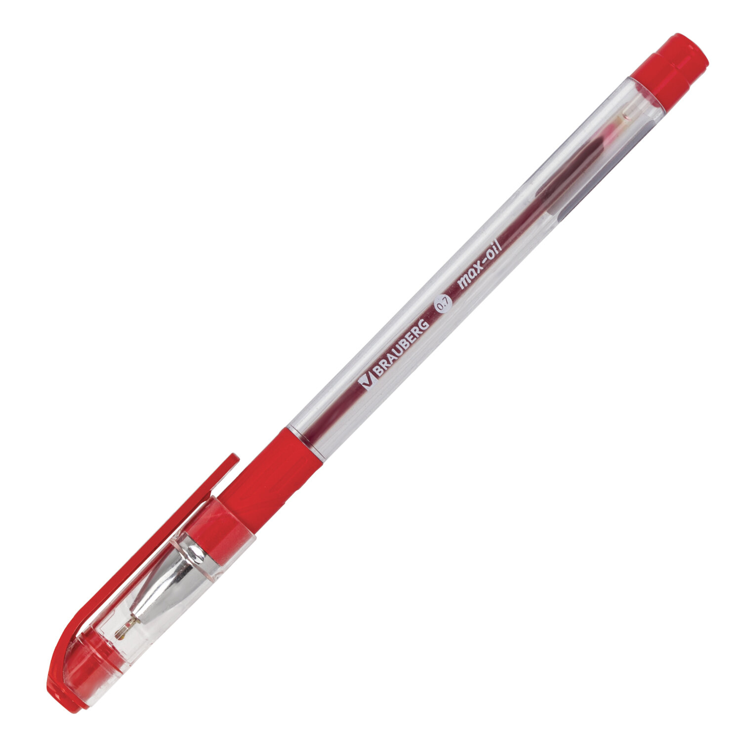 Ручка шариковая масляная BRAUBERG "Max-oil" , c грипом, корпус прозрачный, 0,7 мм, красная, 142143