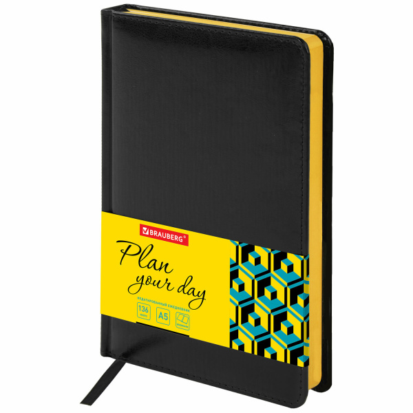 Ежедневник недатированный А5 (138x213мм) BRAUBERG "Rainbow", под кожу, 136 л., черный/желтый