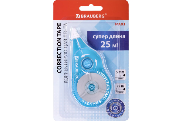 Корректирующая лента BRAUBERG MAXI PLUS, 5мм х 25м, механизм перемотки, голубая, блистер, 272500