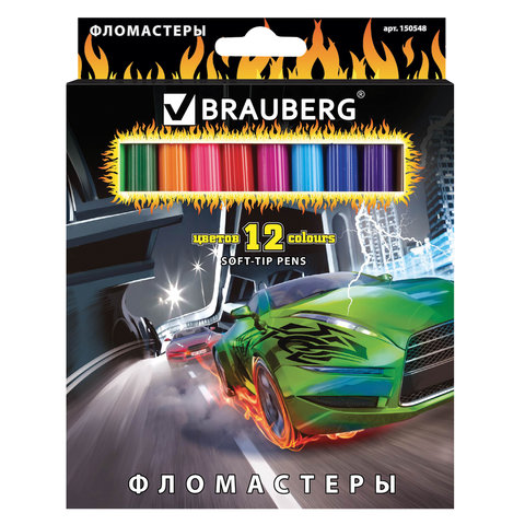 Фломастеры BRAUBERG "Hot Cars" (Крутые тачки), 12цв, вент.колп,карт.упак.выб.лак,ув.срок служ,150548