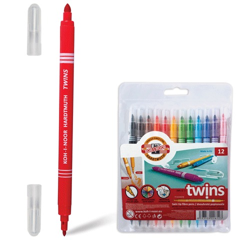 Фломастеры KOH-I-NOOR 12цв, двухстор., 2 пиш. узла 1и3мм, смыв., пласт.упак., европод., 771023AB02TE