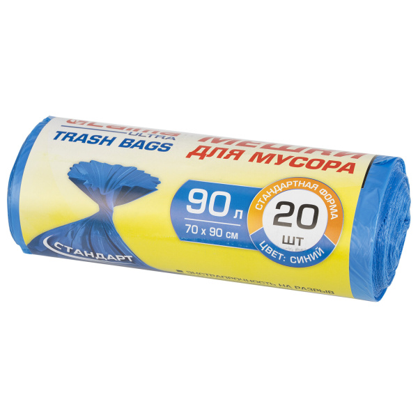 Мешки д/мусора 90л LAIMA «ULTRA» в рулоне 20шт.  ПНД 14 мкм, 70×90 см, синие