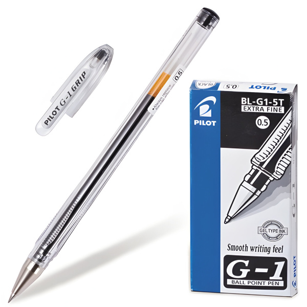 Ручка гелевая PILOT BL-G1-5T "Extra Fine G-1”, корпус прозрачный, толщина письма 0,3 мм, черная 