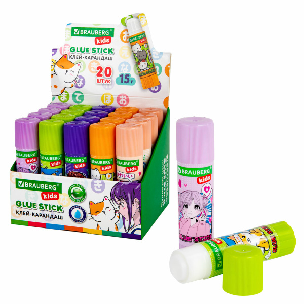 Клей-карандаш BRAUBERG KIDS "Anime" 15 г, ассорти