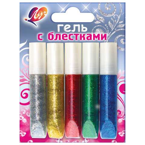 Гели с блестками ЛУЧ "Блеск",  5цв., в тубах по 5мл, (син,крас,зелен,сереб,золот), блистер,12С761-08