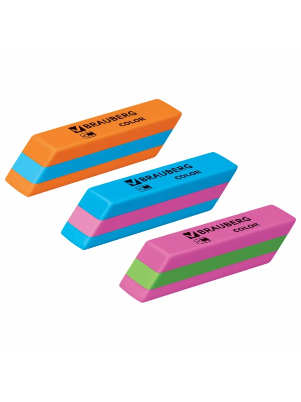 Ластик BRAUBERG "Color", 55х15х13 мм, прямоугольный, скошенный, яркие цвета ассорти, 272671