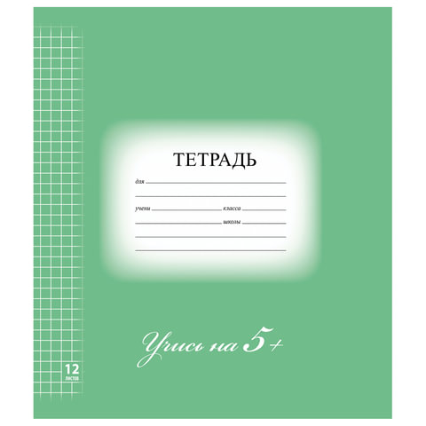 Тетрадь 12л. BRAUBERG ЭКО "5-КА", клетка, обложка плотная мелованная бумага, ЗЕЛЕНАЯ