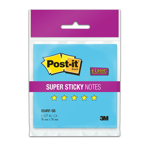 Блок самоклеящийся POST-IT Super Sticky, 76х76 мм, 45 л., неоновый голубой, 654RF-SB