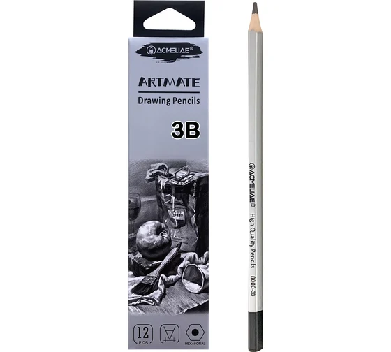 Карандаш ч/г ACMELIAE 3B  шестигранный, корпус серебряный , без резинки, заточенный
