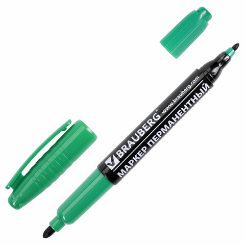 Маркер перманентный (нестираемый) BRAUBERG двусторонний, круглый наконечник 2-4мм, зеленый, 150839
