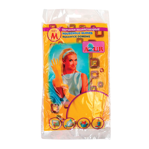 Перчатки хозяйственные резиновые YORK AZUR, с х/б напылением, рифленая ладонь, размер M (средний), 9