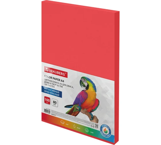 Бумага цветная BRAUBERG, А4, 80 г/м2, 100 л., интенсив, ЯРКО-КРАСНАЯ, для офисной техники, 116562