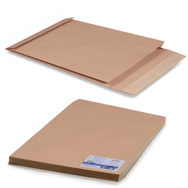 Конверт-пакеты объемные EXTRAPACK, КОМПЛЕКТ 25шт,300х400х40мм,отр.полоса,крафт-бум,КОРИЧ,на300л,6589