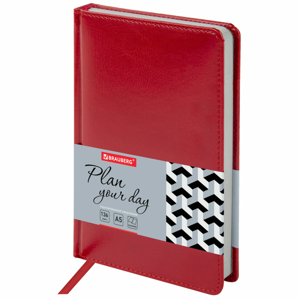 Ежедневник недатированный А5 (138х213мм) BRAUBERG "Rainbow" под кожу, 136 л., красный