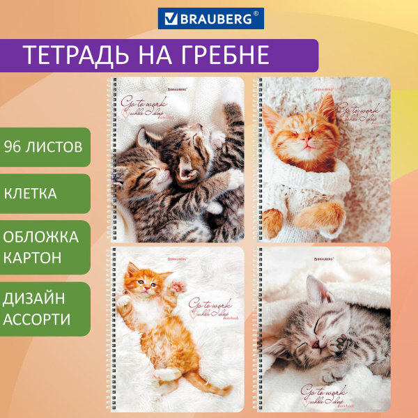 Тетрадь А5, 96 л., BRAUBERG, гребень, клетка, "Котики", 404425