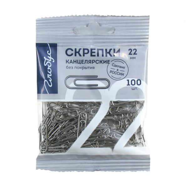 Скрепки 22мм Globus 100шт., пакет с европодвесом С22-100Пл