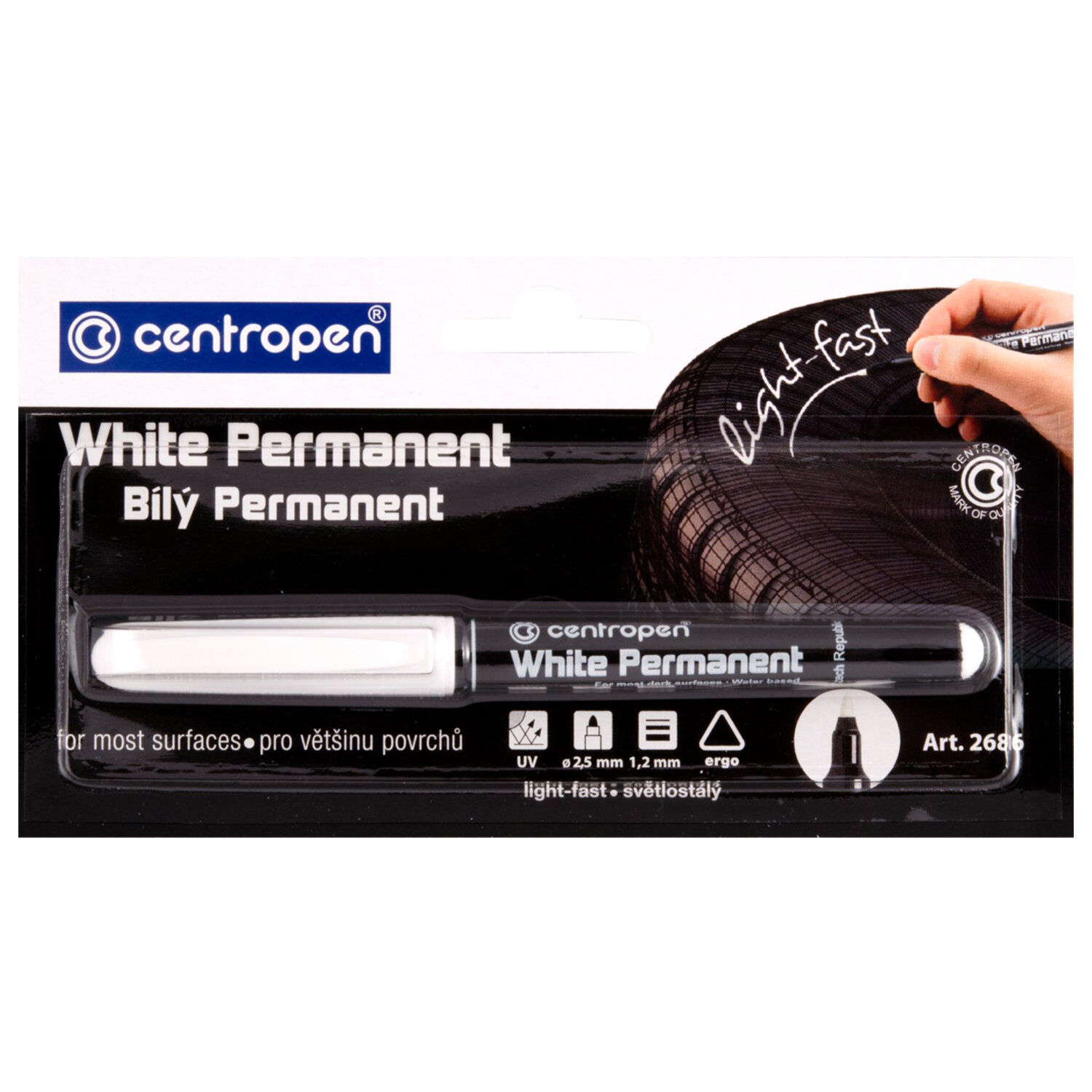 Маркер перманентный БЕЛЫЙ CENTROPEN, круглый наконечник, 1,2 мм, блистер, 2686, 5 2686