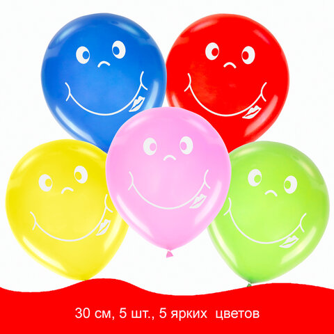 Шары воздушные ЗОЛОТАЯ СКАЗКА, 12"(30см), КОМПЛЕКТ 5 шт., ассорти 5 цв., рис. Смайл, пакет, 105017
