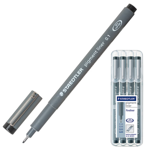 Ручки капиллярные STAEDTLER (Штедлер,Германия), НАБОР 4шт, толщ.письма 0,1/0,3/0,5/0,7мм,308WP4, чер