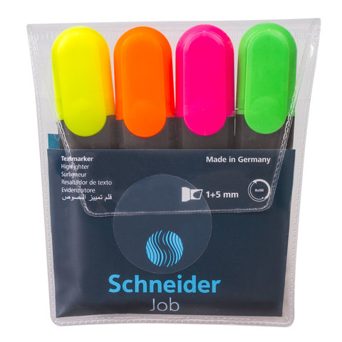 Текстмаркеры SCHNEIDER, набор 4 шт., "Job", скошенный наконечник 1-5 мм (желтый, зеленый, оранжевый,